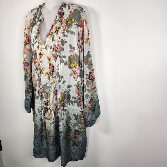 Johnny Was 100% Silk Knee Length Dress Drawstring Waist Pleated Floral Large - Picture 5 of 9
